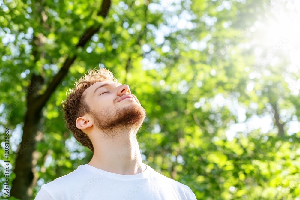 Man breathes fresh air, sunny park, nature background, relaxation Man breathes fresh air, sunny park, nature background, relaxation