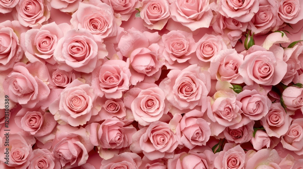 A festive greeting background featuring freshly bloomed pink roses arranged beautifully on a soft pink background. A festive greeting background featuring freshly bloomed pink roses arranged beautifully on a soft pink background.