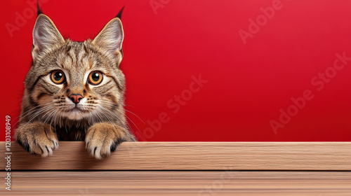 Wallpaper Mural fierce wildcat peering over wooden surface against red background Torontodigital.ca