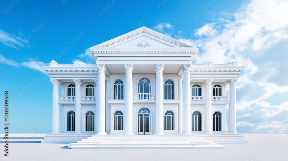 Grand White Mansion with Pillars Against a Clear Blue Sky Grand White Mansion with Pillars Against a Clear Blue Sky