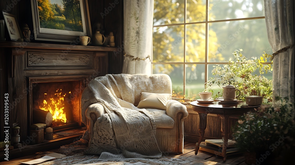 Cozy living room with fireplace nature view warm atmosphere morning light Cozy living room with fireplace nature view warm atmosphere morning light