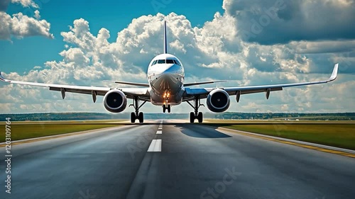 A jet plane is taking off from the runway
