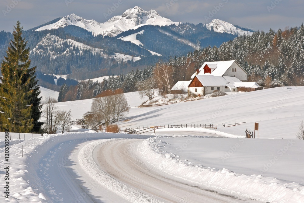 Snowy Farmhouse nestled in the Alps with a Winding Road Snowy Farmhouse nestled in the Alps with a Winding Road