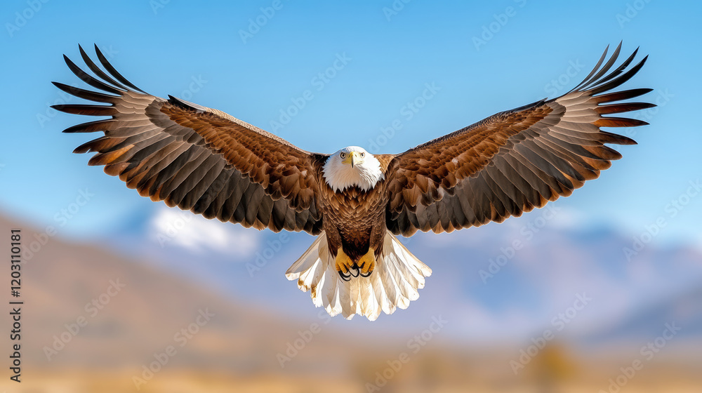 Obraz premium Majestic eagle soaring against clear blue sky, showcasing its powerful wings