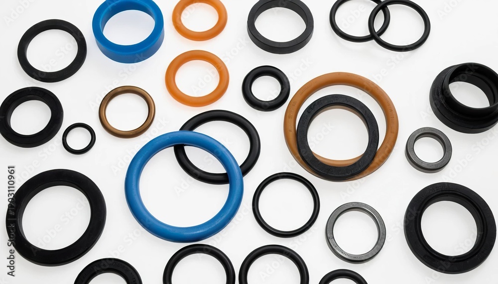 Assortment of various rubber and plastic seals and gaskets on white background. Assortment of various rubber and plastic seals and gaskets on white background.