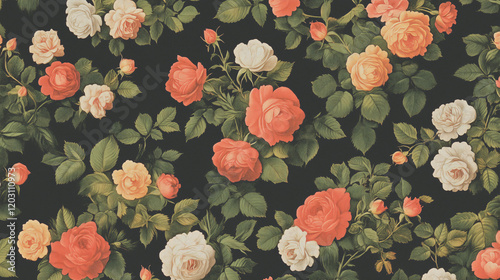Wallpaper Mural Dark Floral Rose Pattern: A rich tapestry of red, orange, and white roses blossoms against a dark background, creating a dramatic and romantic floral pattern. Perfect for textile designs, wallpapers. Torontodigital.ca