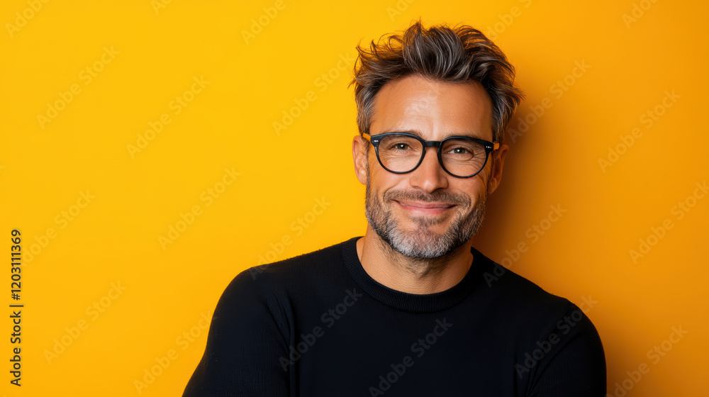 Smiling man with glasses on bright orange background, exuding confidence and warmth