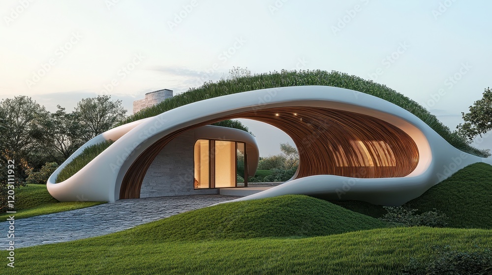 Obraz premium Modern Architectural Design of an Organic-Shaped Home Surrounded by Nature