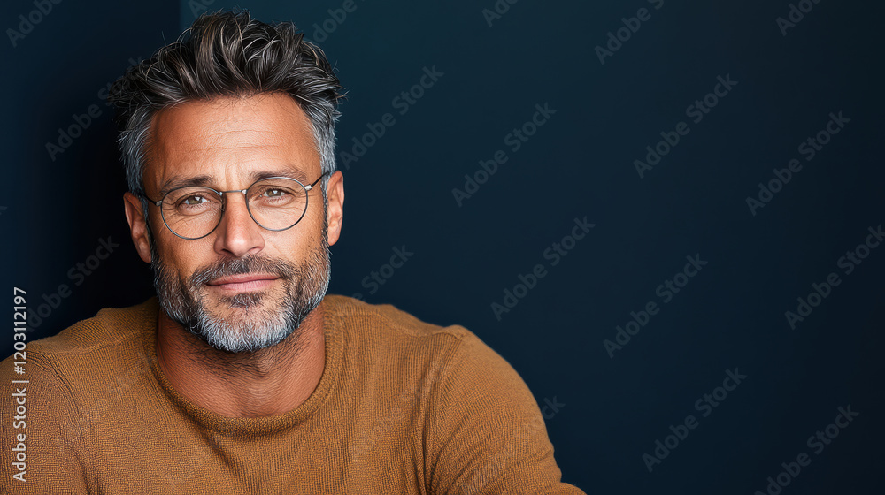 Obraz premium confident man with glasses smiling against dark background