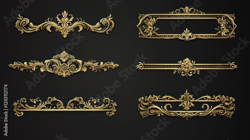 A set of golden luxury border frames, designed with intricate vintage floral ornaments, set against a transparent background.