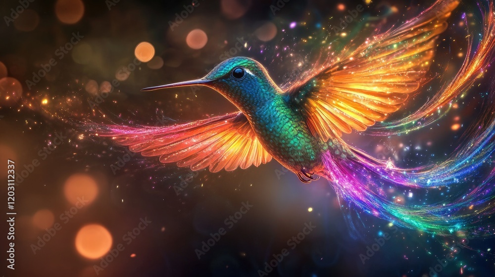 Obraz premium A vibrant, digitally rendered hummingbird is depicted mid-flight against a dark background