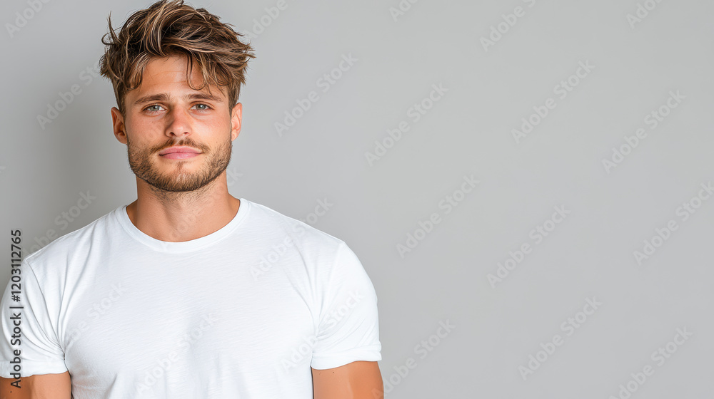 Obraz premium Young man in white t shirt, looking contemplative against gray background