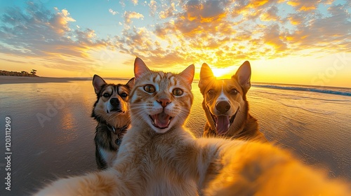 Wallpaper Mural A cat wearing a purple collar is taking a selfie at sunset with two dogs in the background. Torontodigital.ca