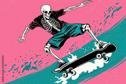 Colorful Skeleton Skateboarding on a Surfboard with Vibrant Pink Background and Dynamic Waves Illustrating Fun and Extreme Sports Lifestyle