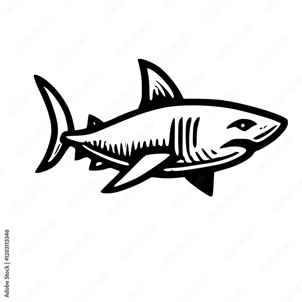 Obraz premium A Bold Artistic Representation of the Ocean’s Apex Predator Exploring the Unique Iconic Design of a Shark, Blending Strength, Elegance, and Symbolism in a Minimalist and Creative Graphic Style