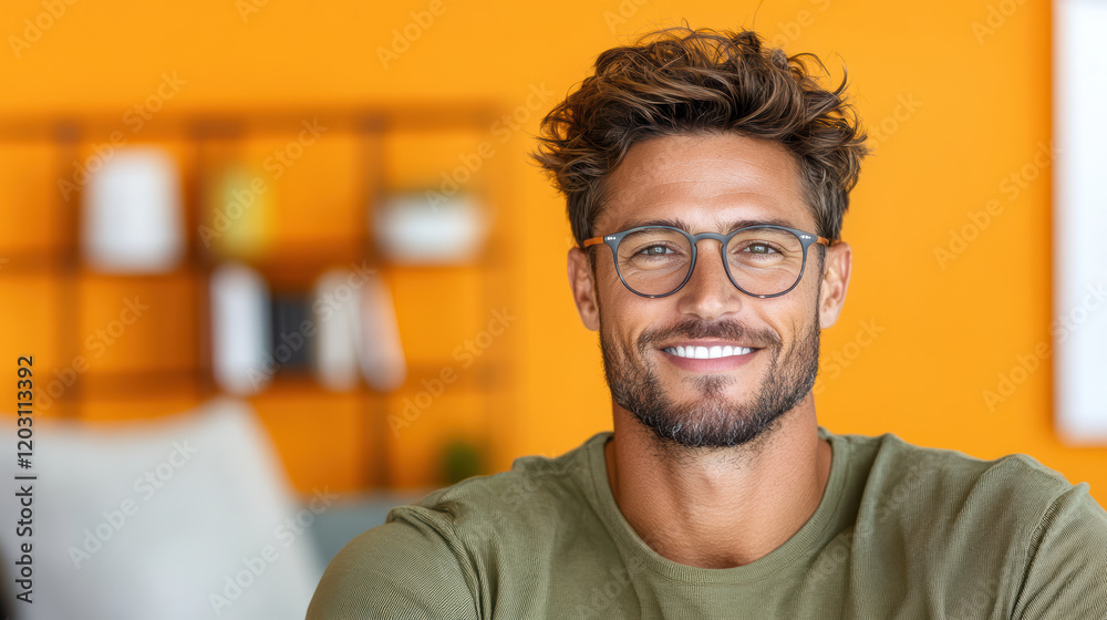 Obraz premium Smiling man with glasses on pastel orange background, radiating warmth and confidence