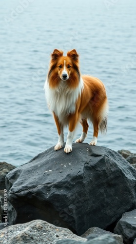 A cute border collie, a white and brown sheepdog breed, sits as a domestic pet in a snow studio or on a sunny beach