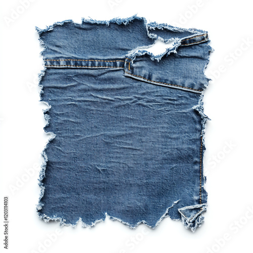 A piece of worn denim fabric showcasing frayed edges and a textured surface for design elements or backgrounds. photo