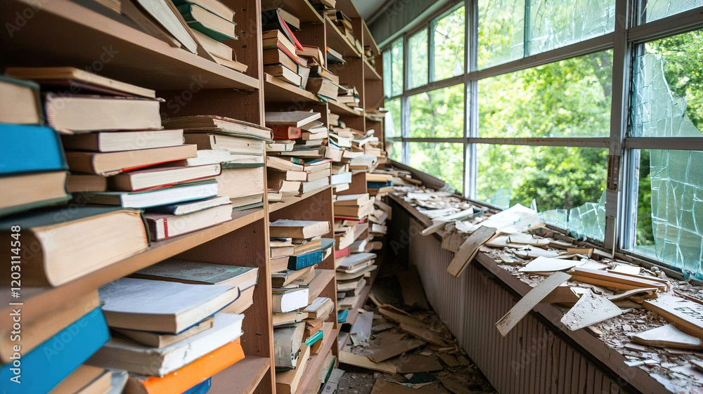 Obraz premium Abandoned library with dusty bookshelves and broken windows, evoking nostalgia