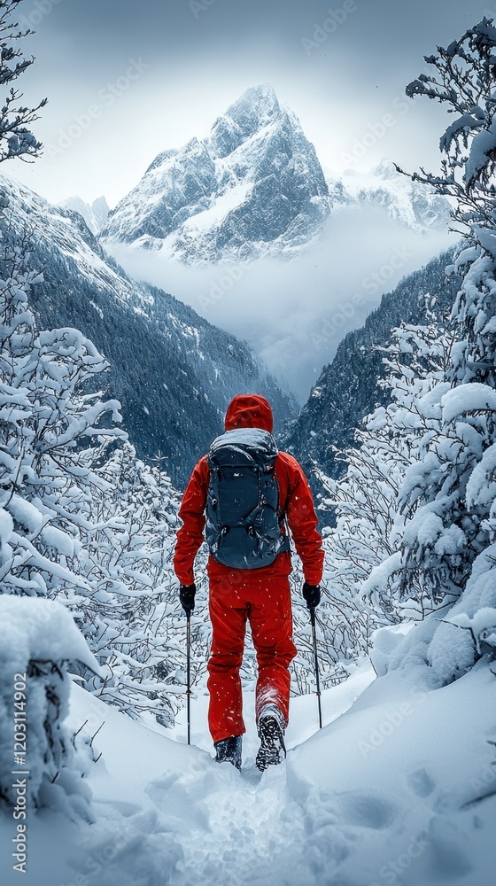 Hiker in snowy alpine mountain trail Hiker in snowy alpine mountain trail