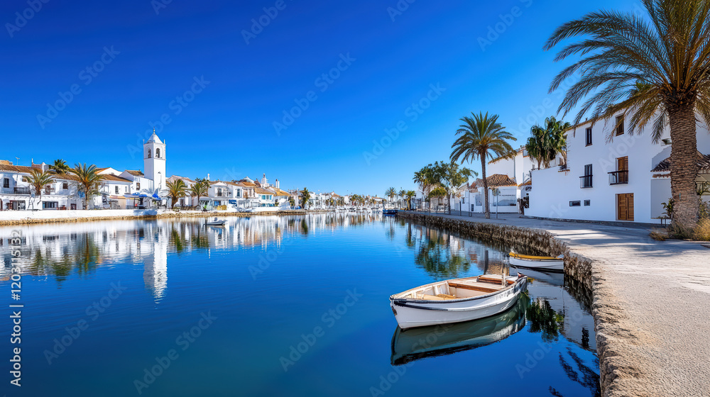 Picturesque view of historic town of Tavira with palm trees and boats Picturesque view of historic town of Tavira with palm trees and boats