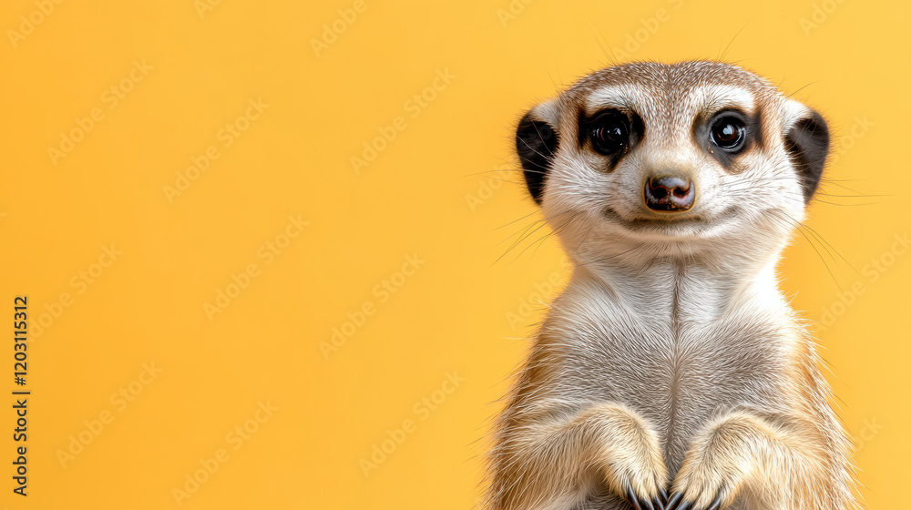 Fototapeta premium Playful meerkat standing on its hind legs against bright background