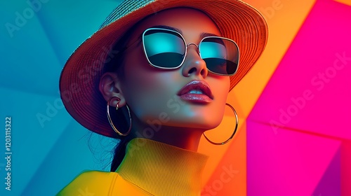 Stylish Woman in Sunglasses and Hat Against a Colorful Geometric Background photo