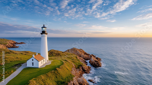 scenic view of historic lighthouse on coast at sunset