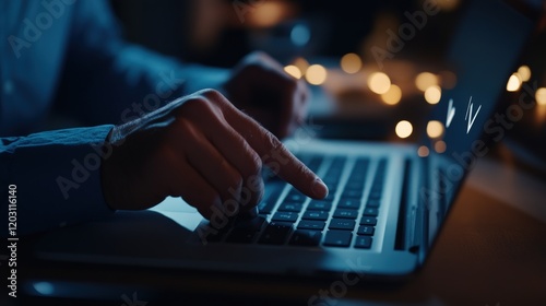 Night Work: Focused Typing on Laptop in Blue Light