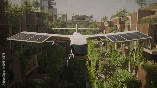 Solar-powered air taxi flying over futuristic green city photo