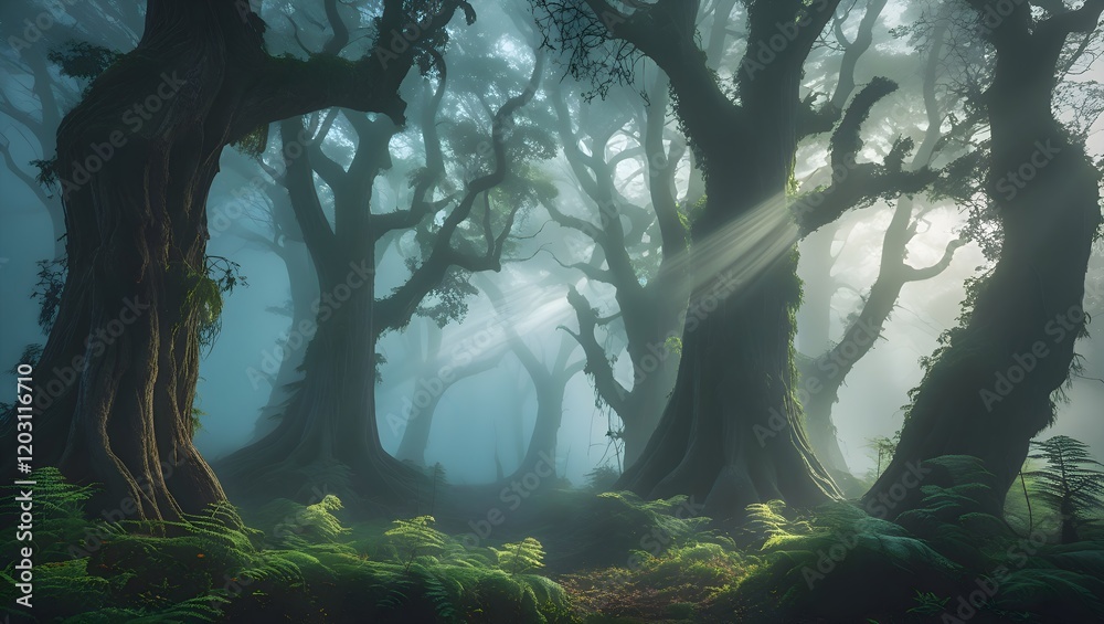 Obraz premium A foggy forest with rays of sunlight breaking through tall ancient trees