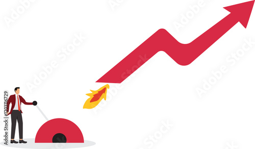 Game changer strategy to improve or rising up stock market rebound or solution for economic recover from recession concept businessman push switch to change direction from falling down to rising up