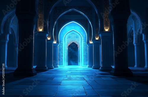 An empty mosque with blue lighting, featuring glowing arched doorways and pillars. The background is dark.