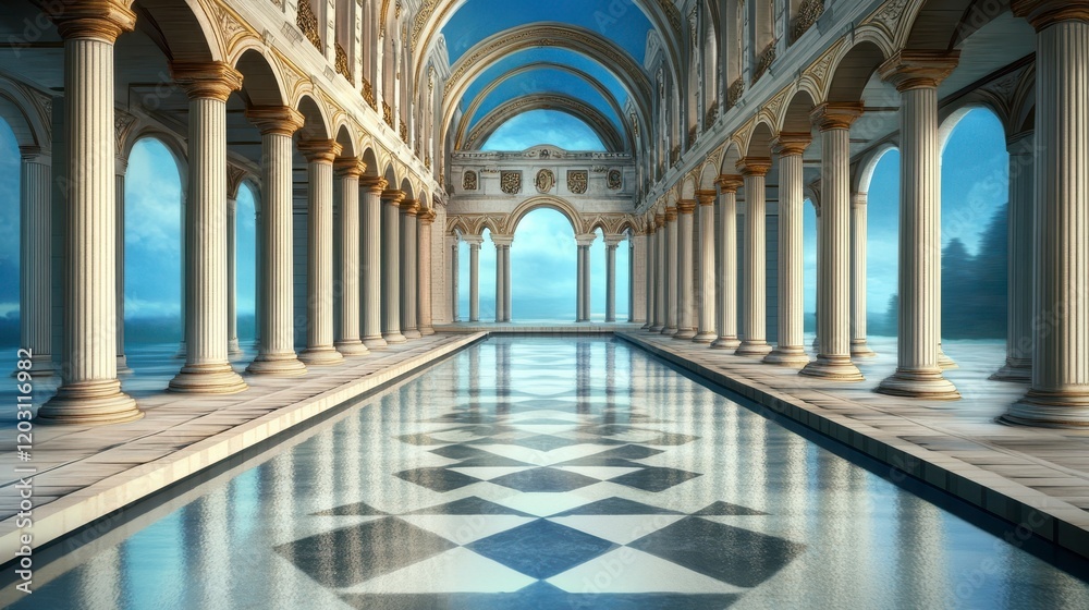 Fototapeta premium Majestic Architectural Space with Arched Columns and Reflection Pool