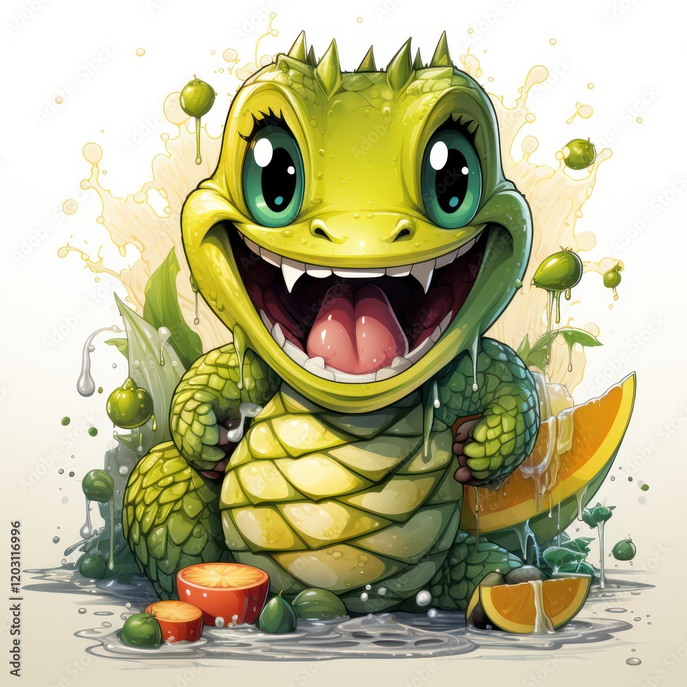 Fototapeta premium Cheerful Blue Dinosaur Surrounded by Vibrant Fruits By Generated AI