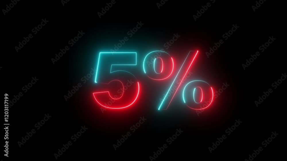 Glowing neon number 5% discount big offer sale business animation 4k video.5 percent glowing neon sign on black background. Neon glowing 5  percent sign on black background. 