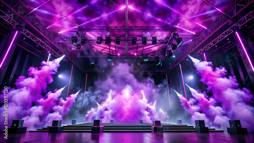 Concert Stage Design. Purple Smoke and Dynamic Lighting