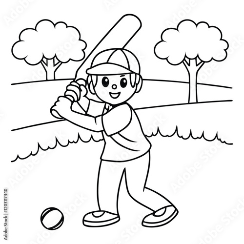 Smiling boy swings baseball bat in a park scene.