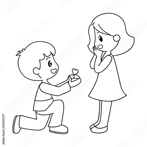 Cute cartoon boy proposing to girl with ring
