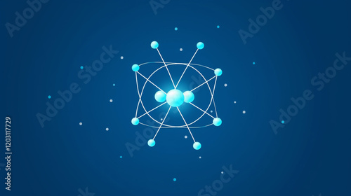 Flat design illustration of an atom structure as a science icon on a blue background. photo