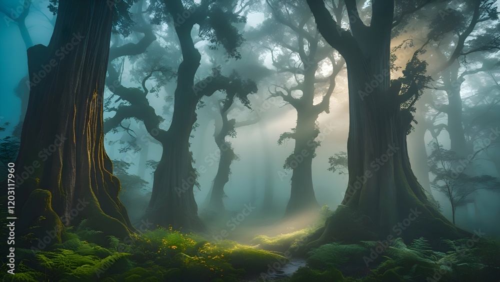 Obraz premium A foggy forest with rays of sunlight breaking through tall ancient trees