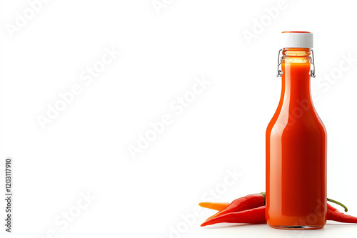 A vibrant bottle of hot sauce surrounded by fresh chili peppers, perfect for adding spice to any dish. photo