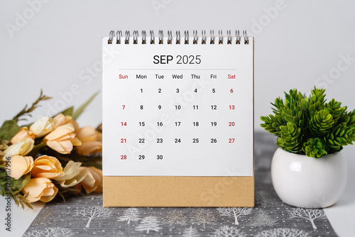 September 2025 Desk Calendar with Flowers and Potted Plant