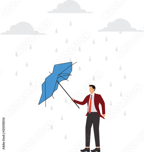 Useless or meaningless effort disappointment mistake or difficulty trouble or struggle mistake or bad decision concept frustrated wet businessman with broken useless umbrella in the rain