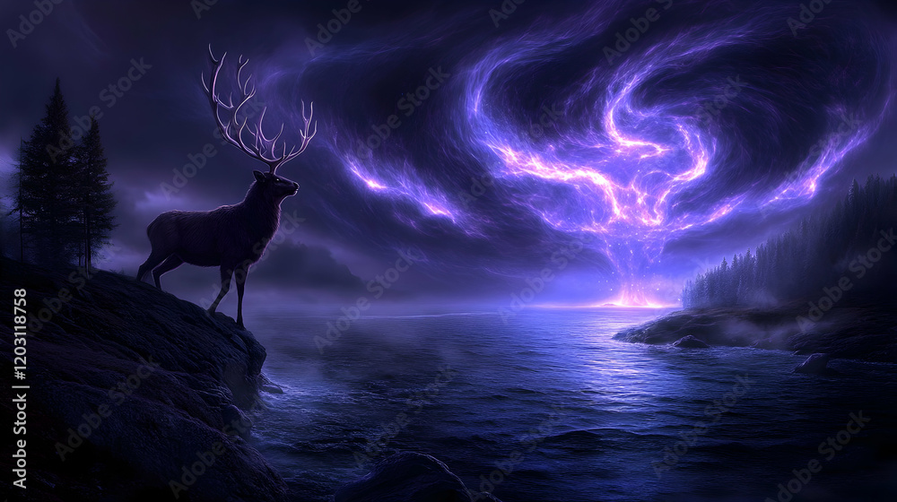 Fototapeta premium hanging deer on shoulders of Bigfoot on snowy night