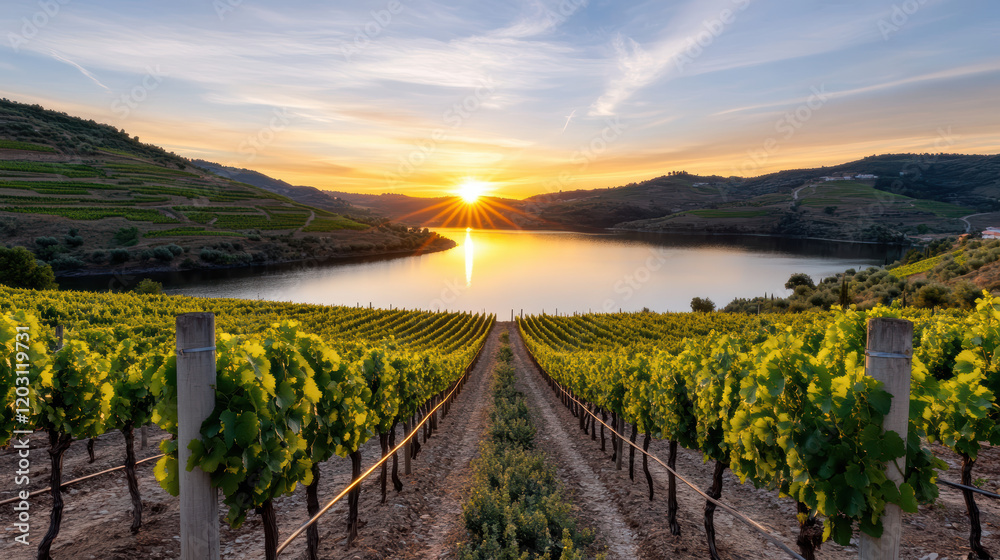 Fototapeta premium Breathtaking sunset over vineyards by Douro River, showcasing nature beauty