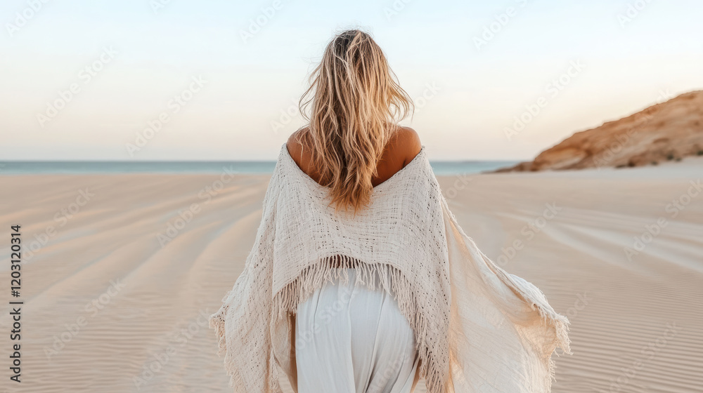 woman in bohemian dress walks on sandy beach at sunset woman in bohemian dress walks on sandy beach at sunset