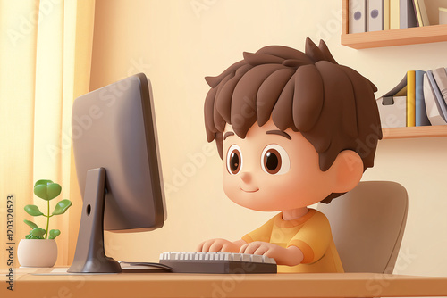 Cute 3D Illustration of a Happy Child Using Computer in Cozy Room – Digital Learning and Technology