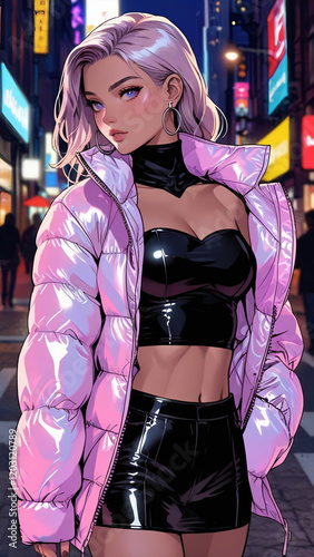 Cyber-Chic Nightlife Fashion in Neon Cityscape