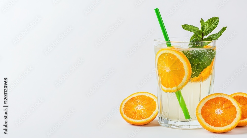 Fototapeta premium Refreshing lemonade with mint and orange white background drink